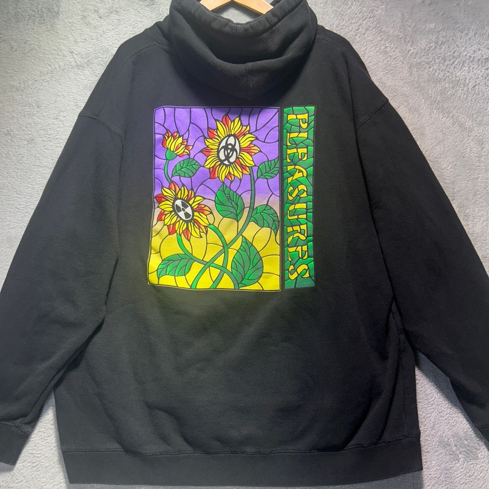 Pleasures Black Hoodie Stained Glass Sunflower Biohazard Graphic Streetwear XL
